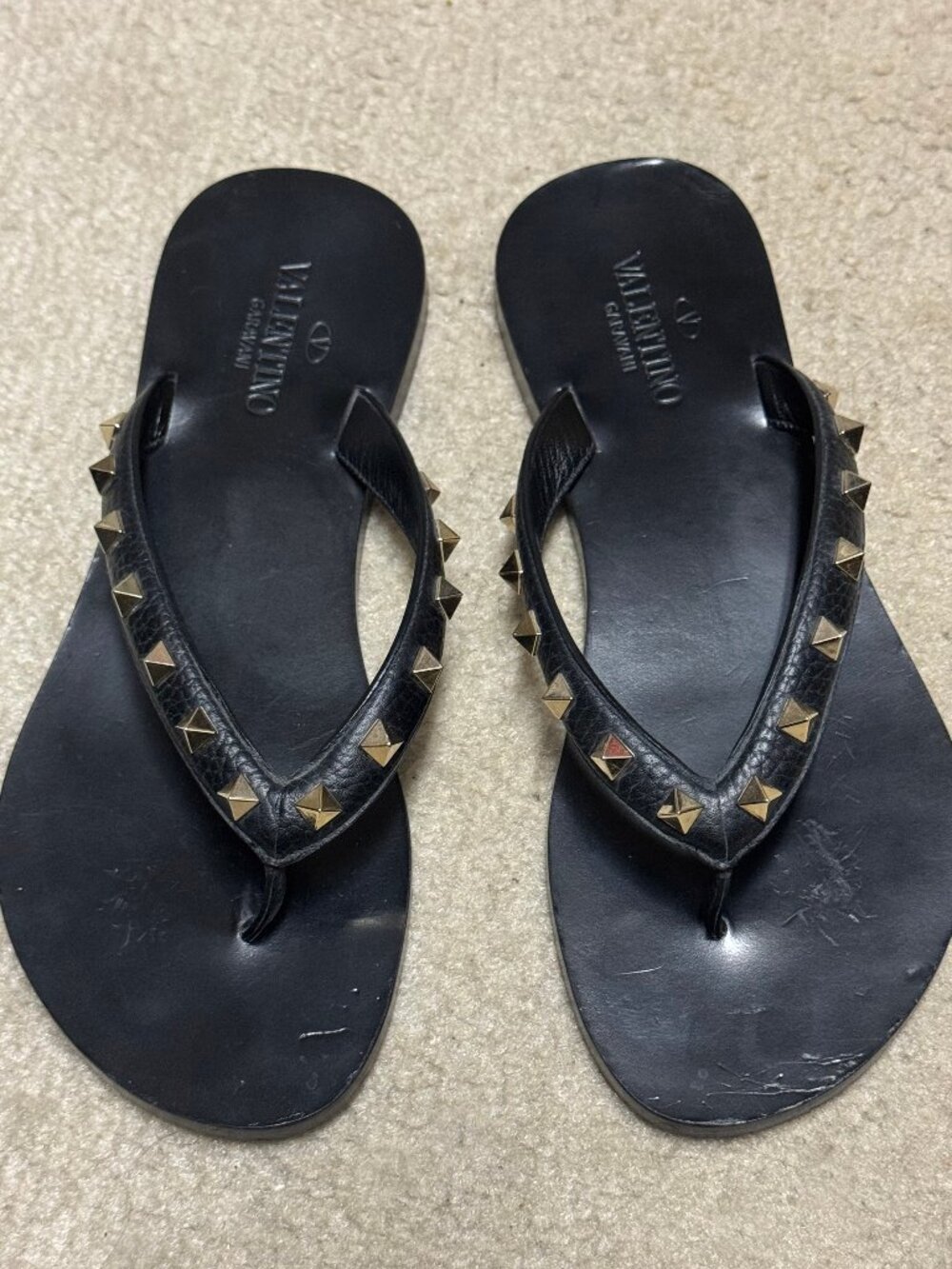 Valentino Rockstud black Stud Leather Thong -Sandal - Flat, Flip Flop 38
